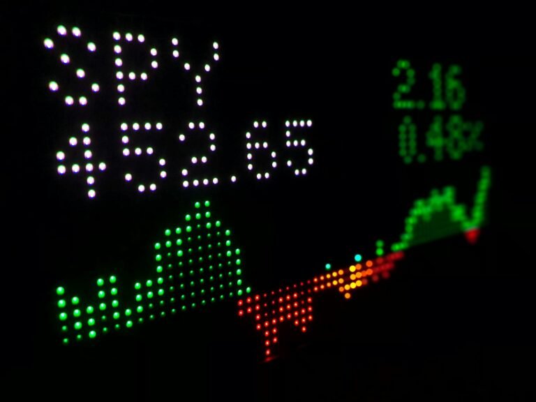 Digital stock market ticker display with a green trend line