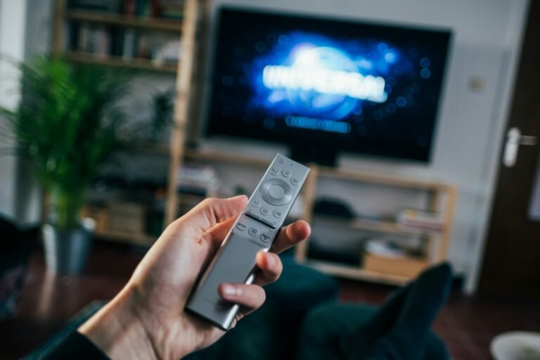 Hand holding a TV remote control