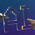 Robot and human hands reaching toward the letters AI