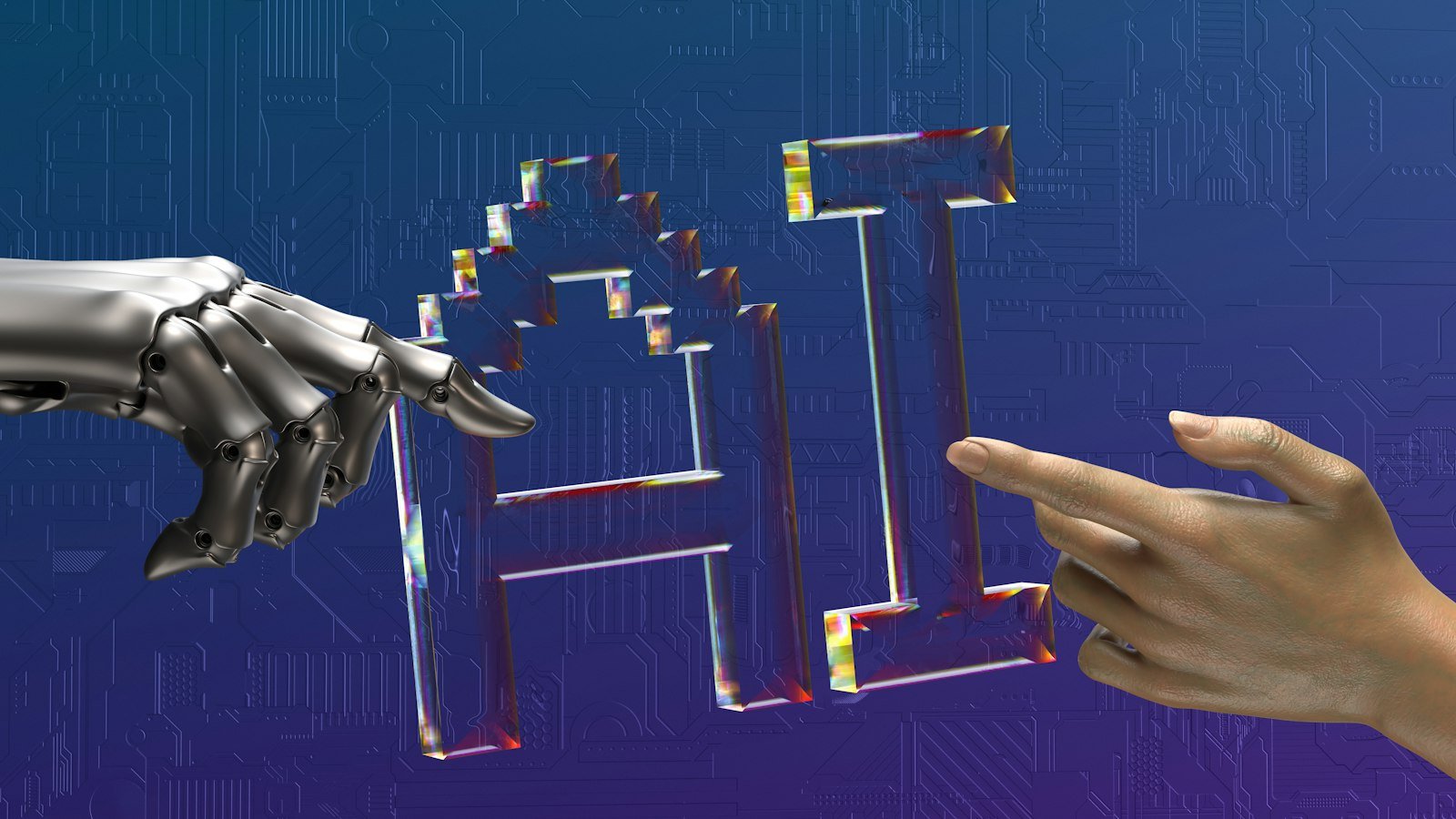 Robot and human hands reaching toward the letters AI