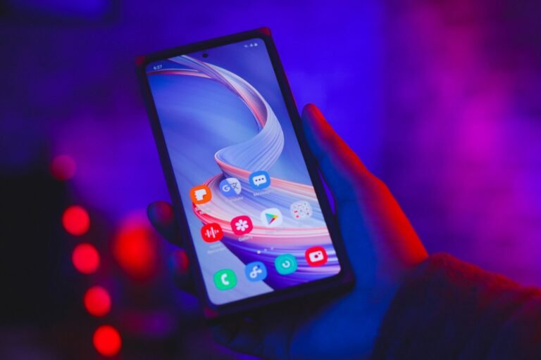 Tablet with a blue screen on a table