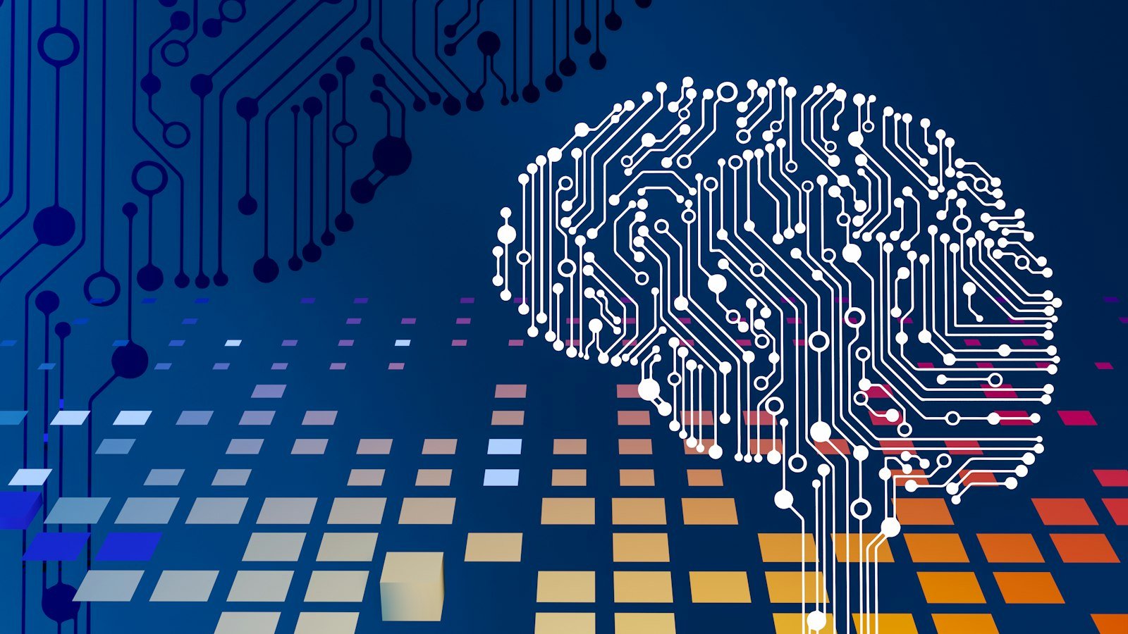 Circuit board with a glowing brain representing AI